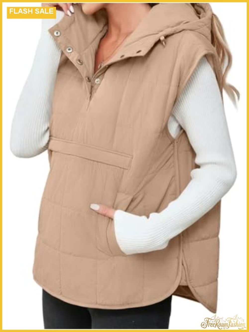 Womens Quilted Puffer Vest Sleeveless Hoodie Oversized Button Down Kangaroo